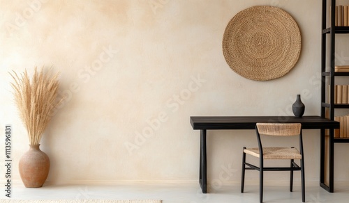 Modern minimalist workspace featuring natural decor and neutral colors in lig...