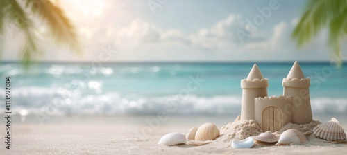 Sand castle on a beach with shells and turquoise water in the background duri...