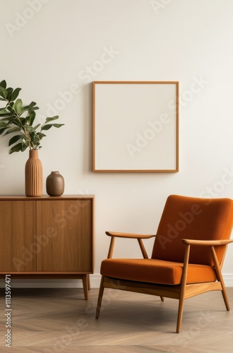 Stylish modern living room with wooden furniture and empty frame for artwork