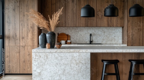 Modern kitchen with marble countertop and wooden accents creating a cozy atmo...