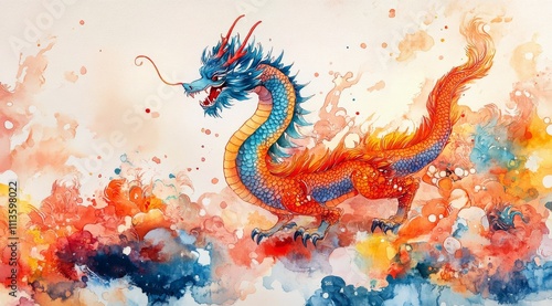 Colorful dragon character in a whimsical artistic landscape during a fantasy ...