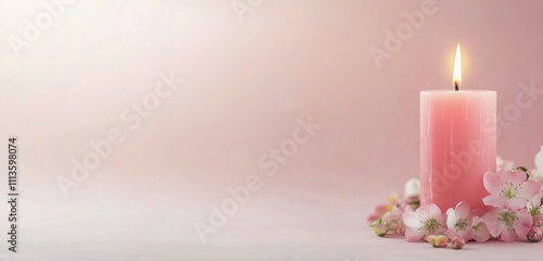 Delicate pink flowers and a lit candle create a calming atmosphere for relaxa...