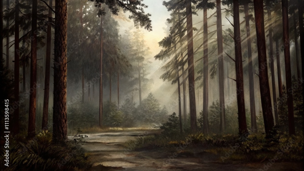 Fototapeta premium Sunlit Forest Pathway with a Calm and Tranquil Atmosphere