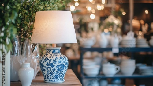 Decorative lamp and china displayed in a cozy home decor store during the aft...