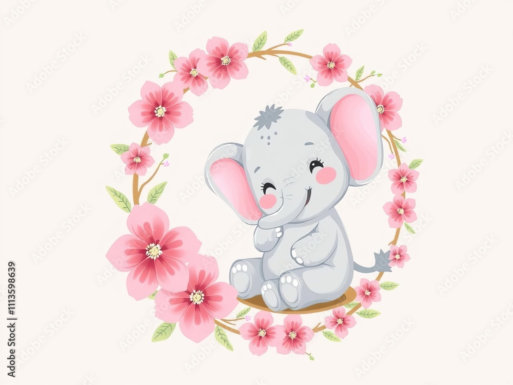 Adorable baby elephant in a wreath of pink flowers swings happily, nursery design, wildlife Adorable baby elephant in a wreath of pink flowers swings happily, nursery design, wildlife