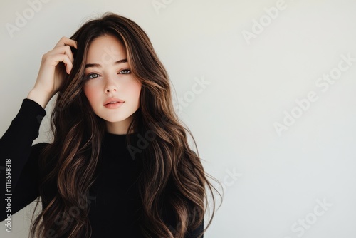 Young woman with long hair poses gracefully against a light background in a c...