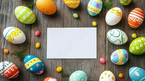 Colorful Easter eggs arranged around a blank card on a wooden surface for fes...