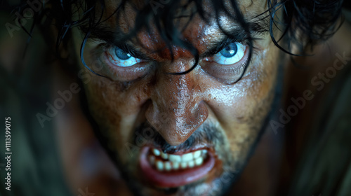 Intense close-up of angry caucasian man with blue eyes