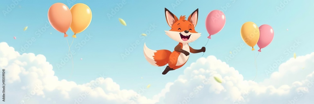 Adorable cartoon fox soaring through the sky carried by colorful balloons, joyful, cheerful Adorable cartoon fox soaring through the sky carried by colorful balloons, joyful, cheerful