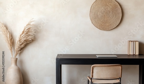 Modern minimalist workspace featuring natural decor and neutral colors in lig...