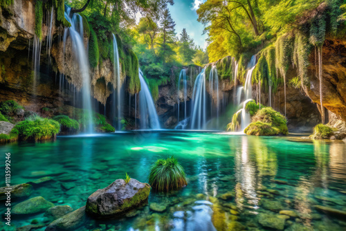 Majestic crystal clear turquoise water cascades down moss covered stone walls, surrounded by lush greenery and vibrant foliage, creating serene and tranquil atmosphere