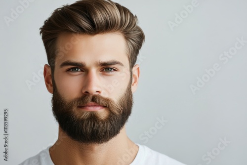 Young man with stylish haircut and beard in casual white shirt posing against...