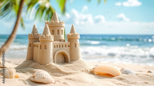 Sandcastle standing proudly on a sunny beach with a tropical background and g...