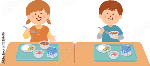 給食を食べる子供たちのイラスト