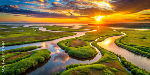 Wallpaper Mural Aerial view of serene tidal creek surrounded by lush green marshland at sunset, with vibrant colors reflecting in water and dramatic sky Torontodigital.ca