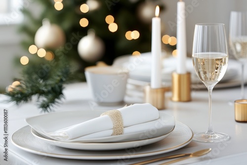 Elegant holiday table setting with wine glasses and festive decorations durin...