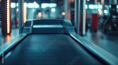 View of an empty treadmill in a modern gym with neon lighting at night