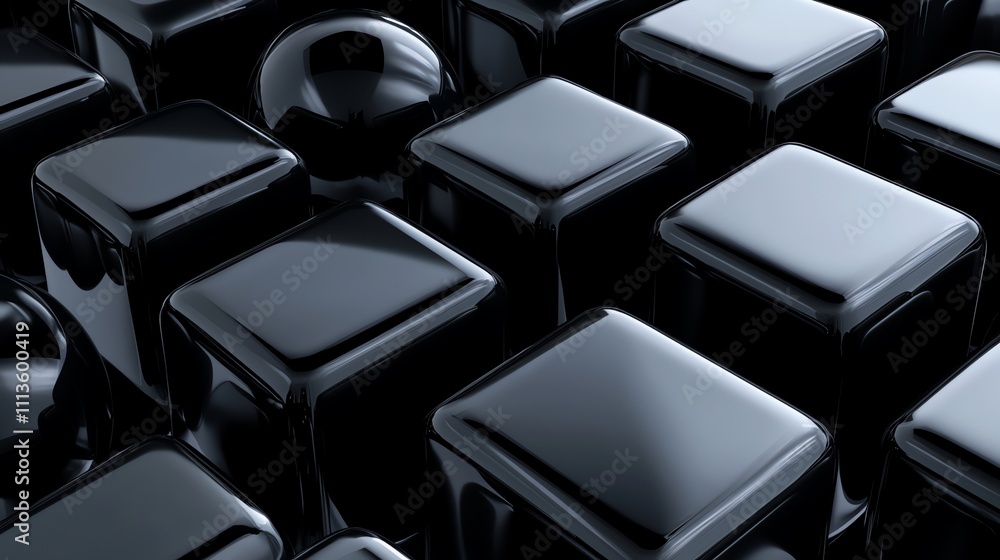 Obraz premium Abstract background of shiny black cubes and spheres.