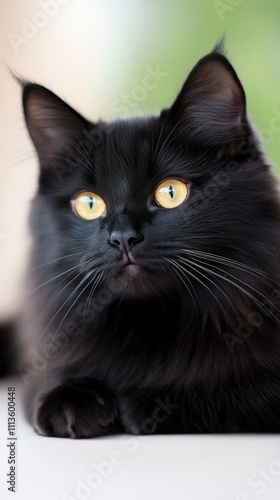Majestic black cat with striking yellow eyes resting quietly in a sunny spot