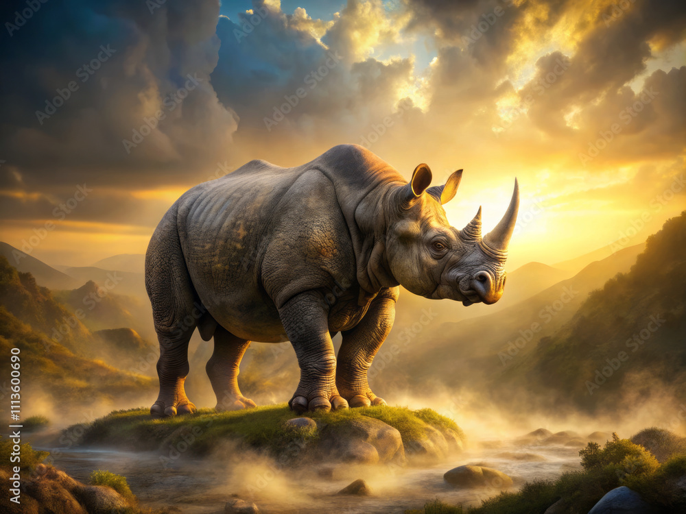 Fototapeta premium gigantic, horned baluchitherium stands proudly on misty prehistoric landscape, bathed in golden sunlight, surrounded by dramatic clouds and lush hills
