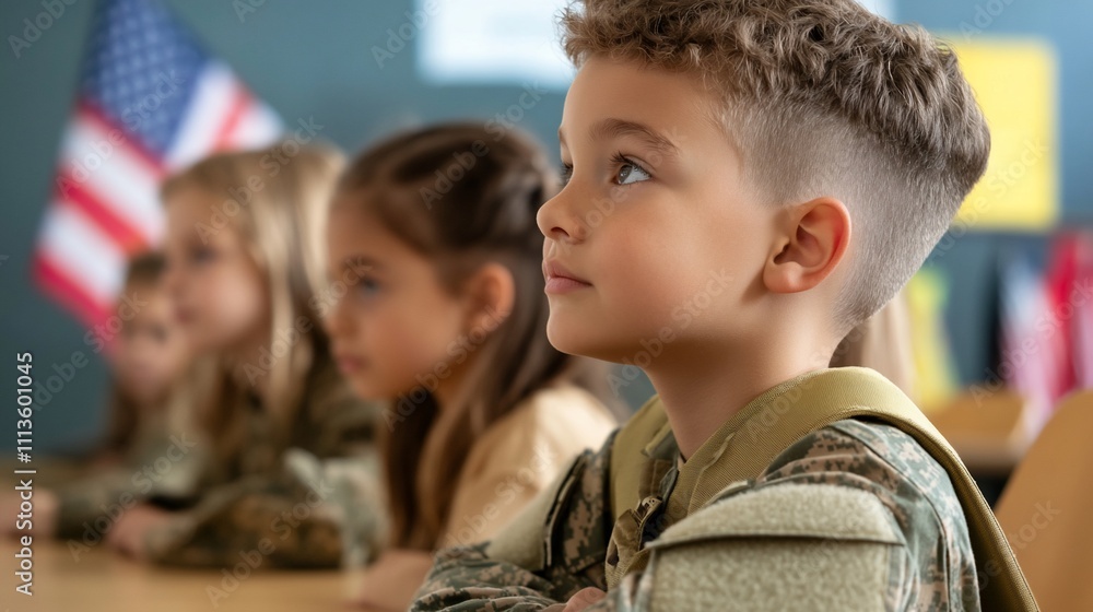 Attentive children in military-themed classroom.
