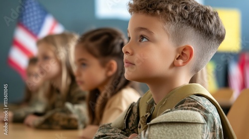 Obraz na płótnie Attentive children in military-themed classroom. w salonie