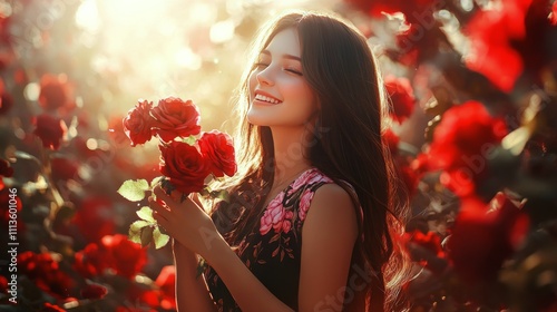 Smiling young woman holding roses in a sunlit flower field during golden hour