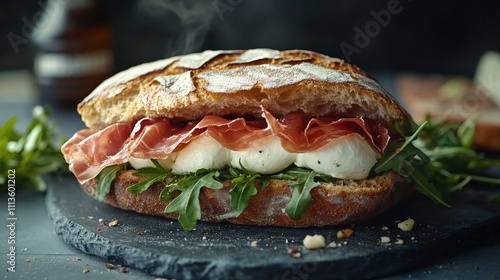 Delicious sandwich with fresh mozzarella, prosciutto, and arugula on rustic b...