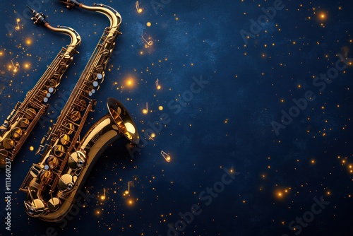 Wallpaper Mural Two golden saxophones on a dark blue background with golden sparkles, perfect for jazz music concepts. Torontodigital.ca