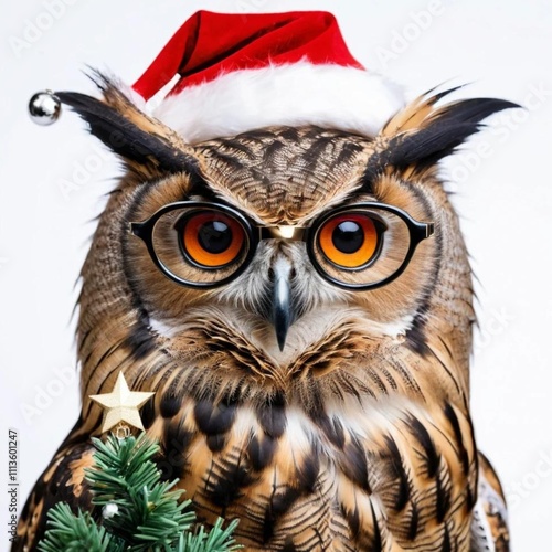 Portrait of an eagle owl wearing festive Christmas tree glasses against a white background, capturing the seasonal spirit with a blend of animal charm and holiday decorations. photo