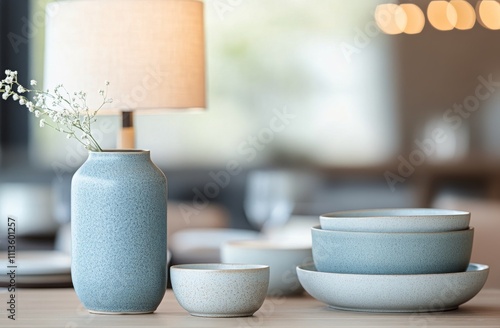 Softly lit lamp and minimalist tableware create a serene dining atmosphere