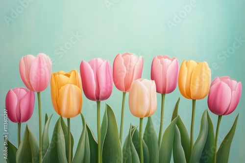 Colorful bouquet of tulips arranged on a soft blue background in spring