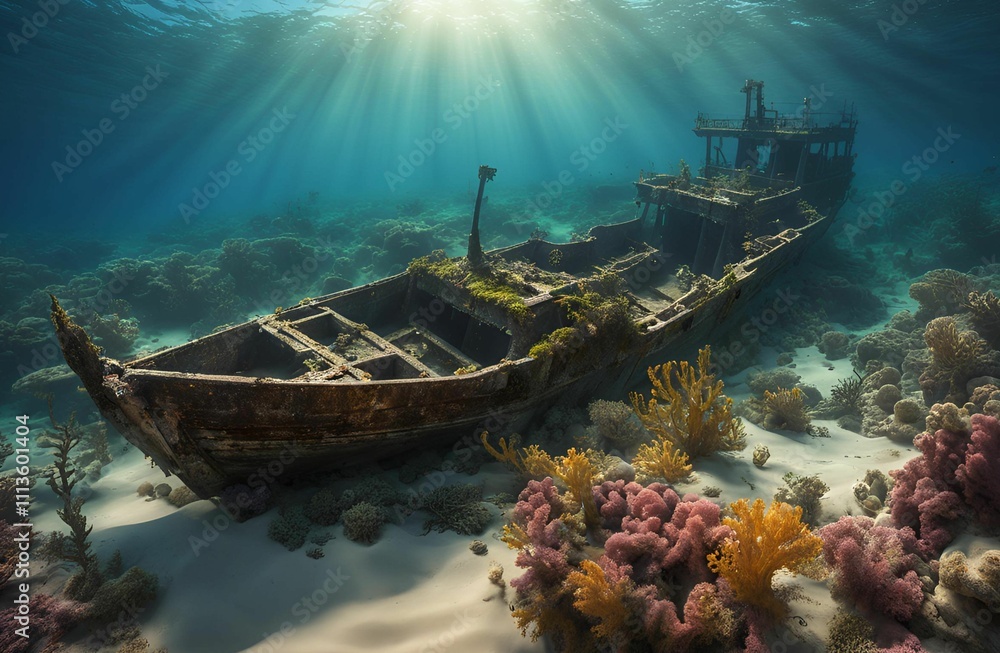 A shipwreck resting on the ocean floor, its remains partially buried in sand and encrusted with vibrant coral, seaweed, and marine growth A shipwreck resting on the ocean floor, its remains partially buried in sand and encrusted with vibrant coral, seaweed, and marine growth