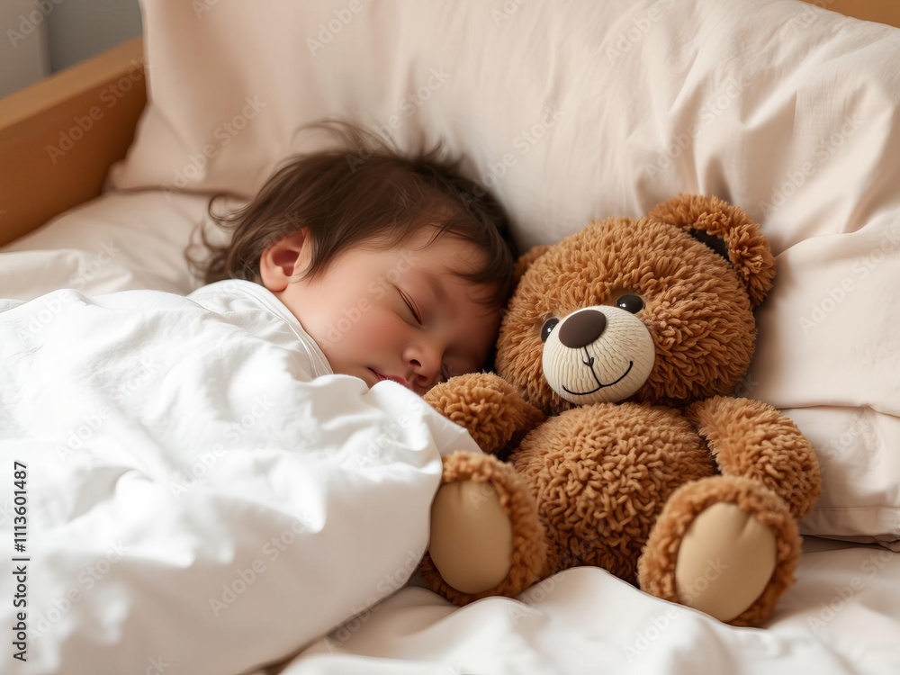 Adorable toddler girl peacefully sleeping in bed next to her favorite teddy bear, child, asleep Adorable toddler girl peacefully sleeping in bed next to her favorite teddy bear, child, asleep