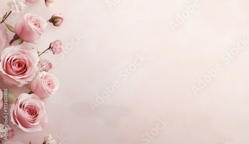 Beautiful arrangement of pink roses and delicate blossoms on a soft background