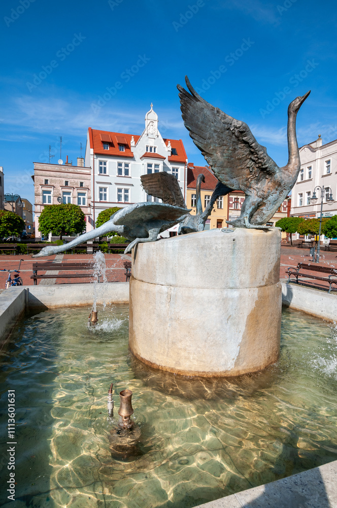 Freedom Square and the fountain in Tuchola, Kuyavian-Pomeranian Voivodeship, Poland