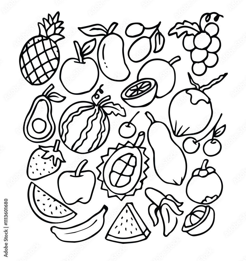 Fruits Doodle Hand Draw set. Vector food elements collection for menu, textile prints, posters Fruits Doodle Hand Draw set. Vector food elements collection for menu, textile prints, posters