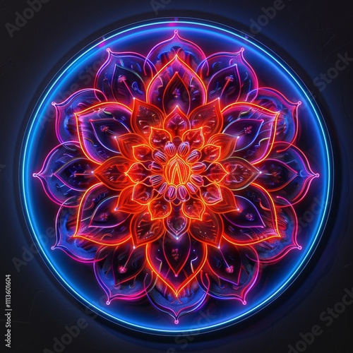 Neon Mandala: A captivating and intricate mandala design, bursting with vibrant neon colors, glows against a deep blue background.  The mesmerizing pattern creates a sense of balance and harmony.