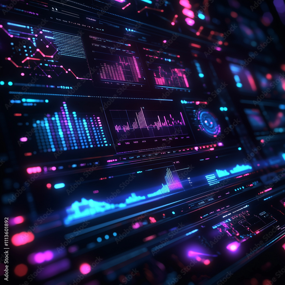 Fototapeta premium **A futuristic data visualization concept, glowing holographic graphs and charts floating in a dark room, vibrant blue and purple tones, high-tech and minimalistic design, sharp and detailed elements,