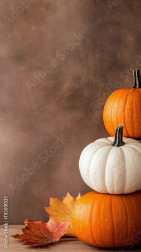 Autumn pumpkins and leaves arranged on wooden table for seasonal decor inspir...