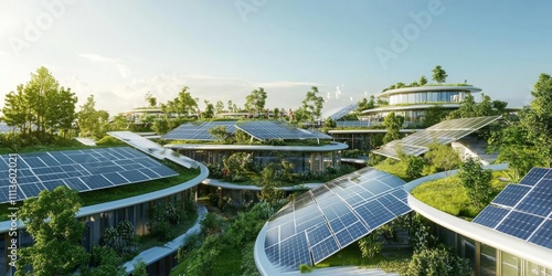 Modern Sustainable Community with Solar Panels and Greenery Amidst Open Skies and Lush Nature in a Futuristic Urban Landscape