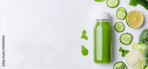 Refreshing green smoothie made with fresh vegetables and fruits on a clean su...
