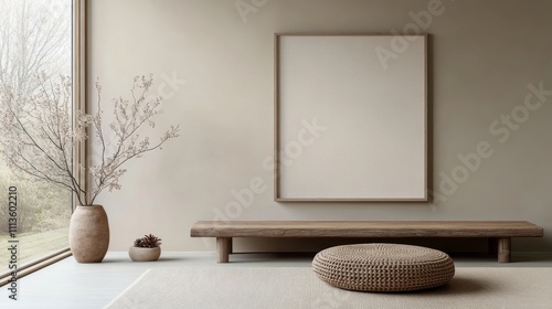 Simple interior design featuring a wooden table and minimal decor in a modern...