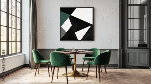 Modern dining area featuring minimalist black and white art and stylish green...