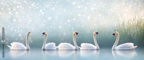 Elegant swans swimming peacefully on a serene lake surrounded by lush greenery