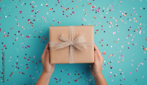 Wrapped gift held by hands with colorful confetti scattered on turquoise back...