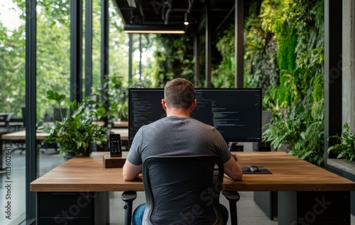 Man working at desk in modern office surrounded by plants during daytime