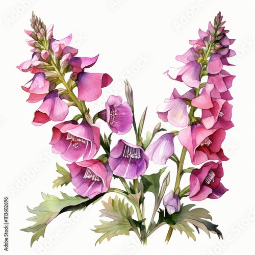 Beautiful watercolor painting of pink foxglove flowers with green leaves in a...