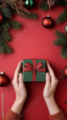 Hands hold a wrapped gift against a vibrant red background for the holidays