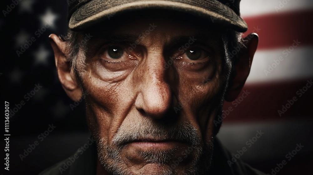 Close-up portrait of a pensive senior veteran wearing a military cap, set against an American flag backdrop. Close-up portrait of a pensive senior veteran wearing a military cap, set against an American flag backdrop.
